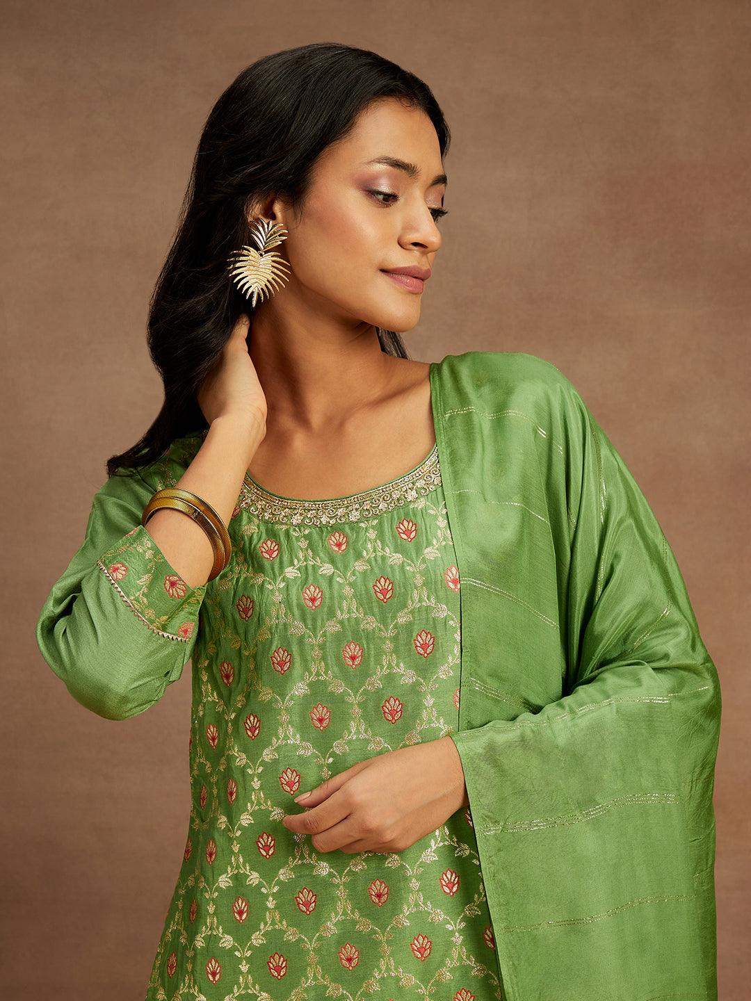 Green Woven Design Silk Blend Straight Kurta With Trousers & Dupatta - ShopLibas