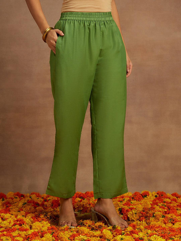 Green Woven Design Silk Blend Straight Kurta With Trousers & Dupatta - ShopLibas