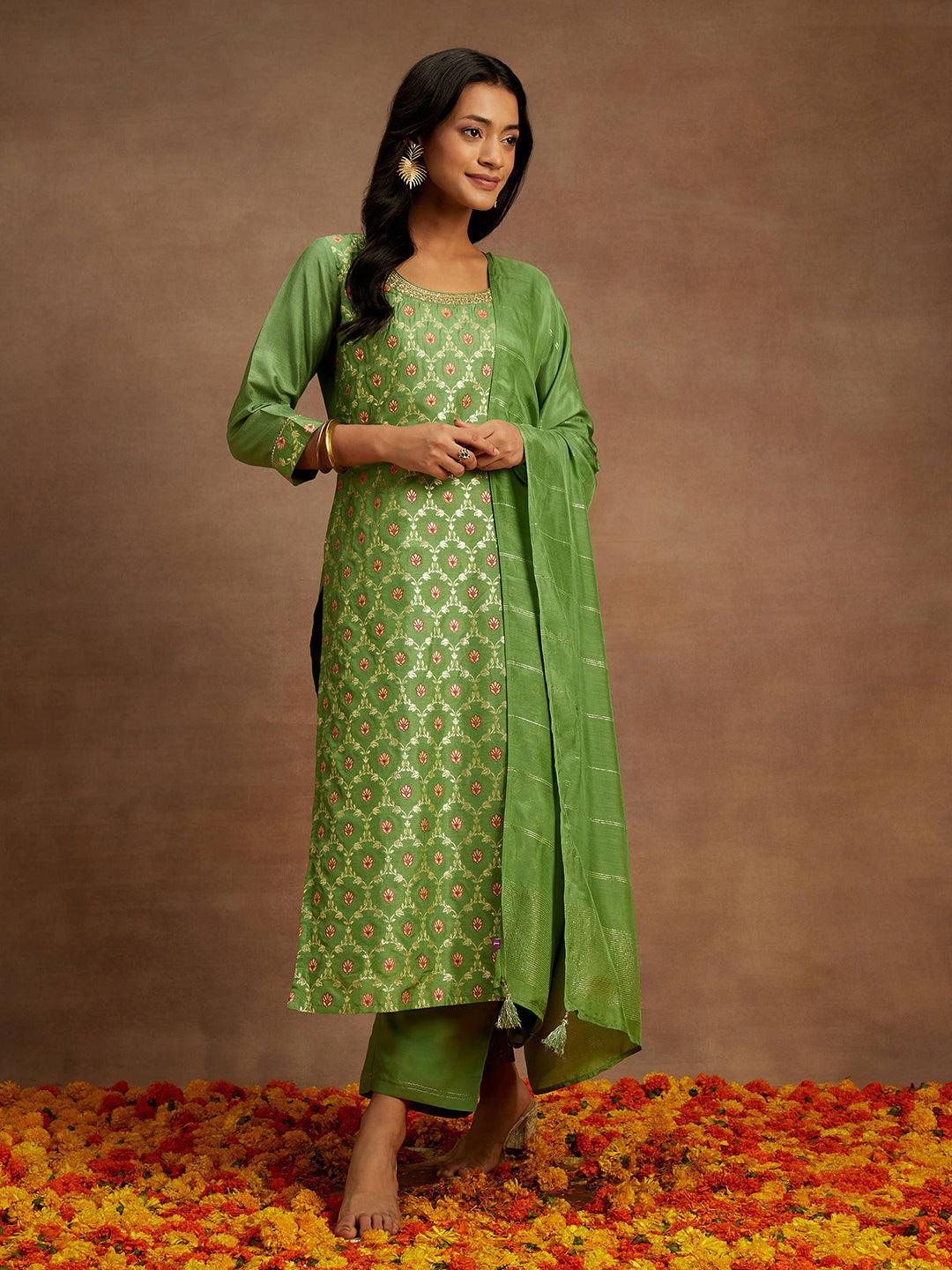 Green Woven Design Silk Blend Straight Kurta With Trousers & Dupatta - ShopLibas