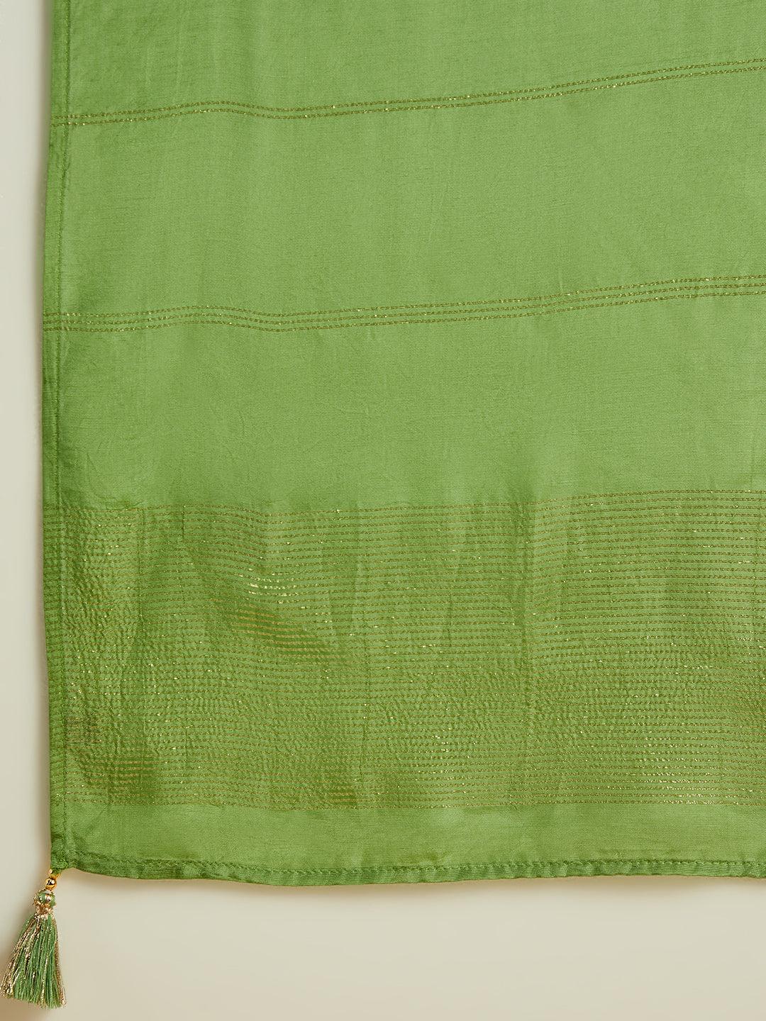 Green Woven Design Silk Blend Straight Kurta With Trousers & Dupatta - ShopLibas