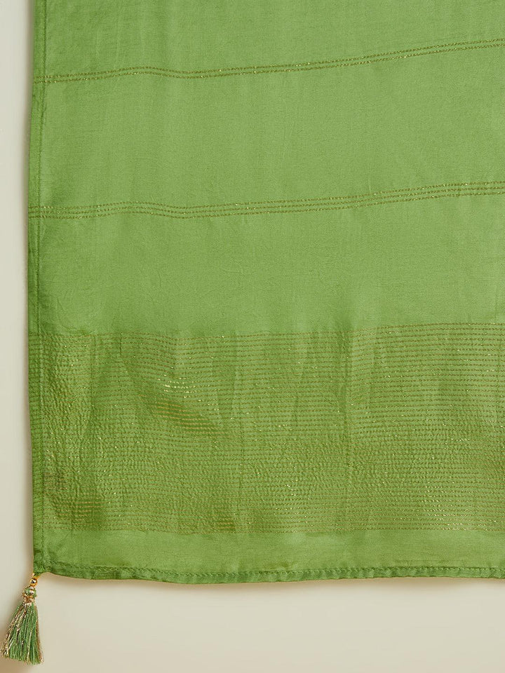 Green Woven Design Silk Blend Straight Kurta With Trousers & Dupatta - ShopLibas