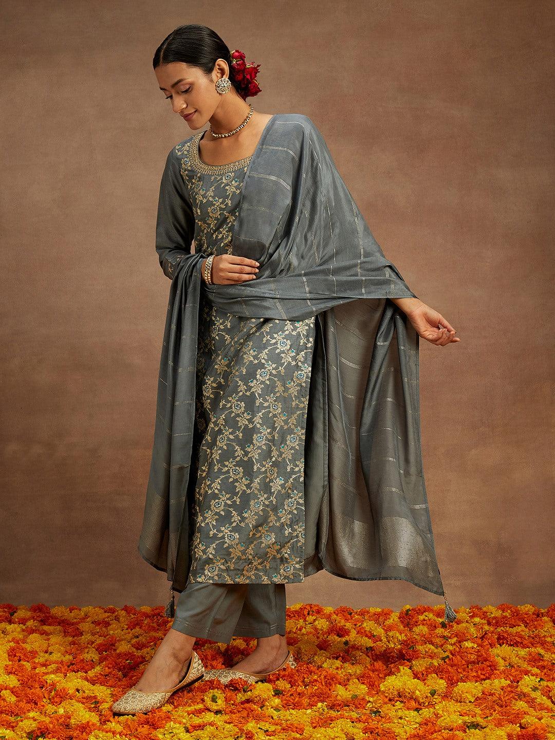 Grey Woven Design Silk Blend Straight Kurta With Trousers & Dupatta - ShopLibas