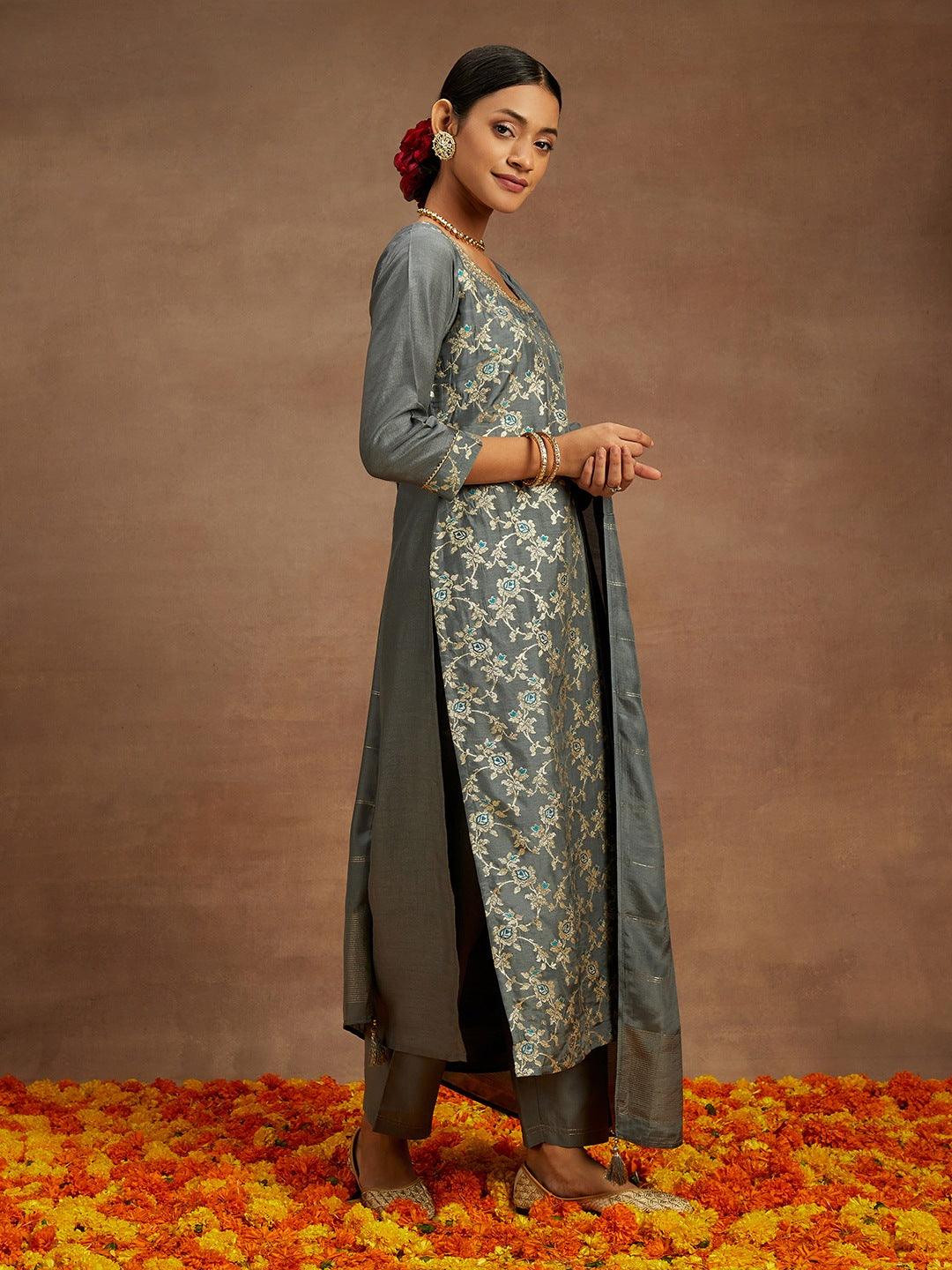 Grey Woven Design Silk Blend Straight Suit With Dupatta