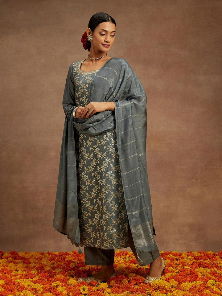 Grey Woven Design Silk Blend Straight Kurta With Trousers & Dupatta - ShopLibas