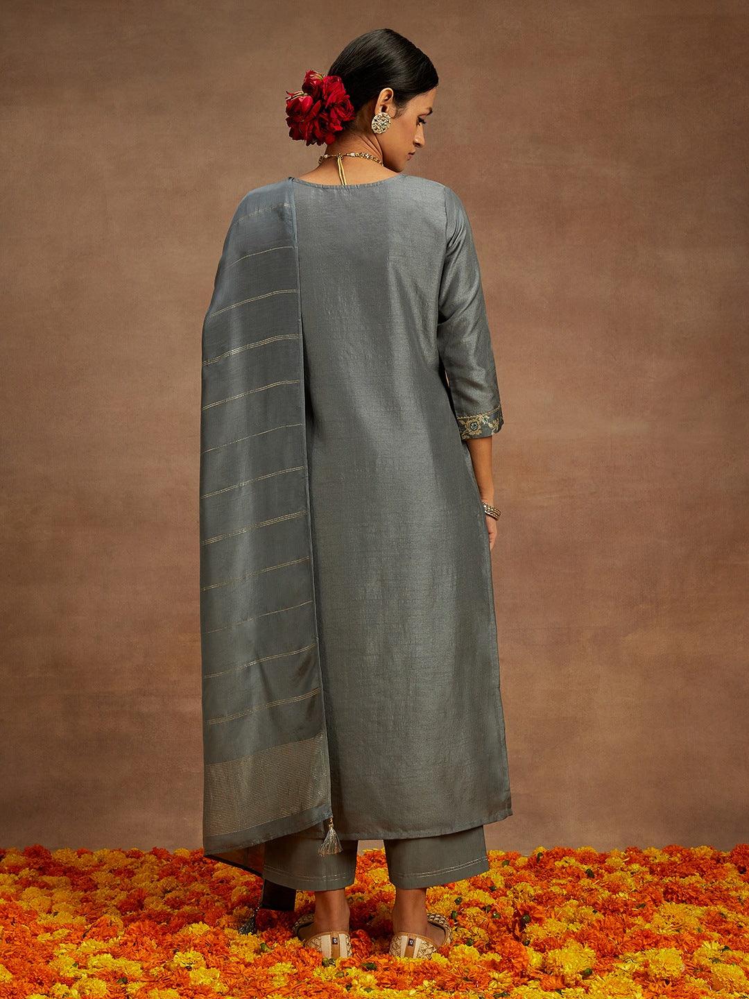 Grey Woven Design Silk Blend Straight Suit With Dupatta