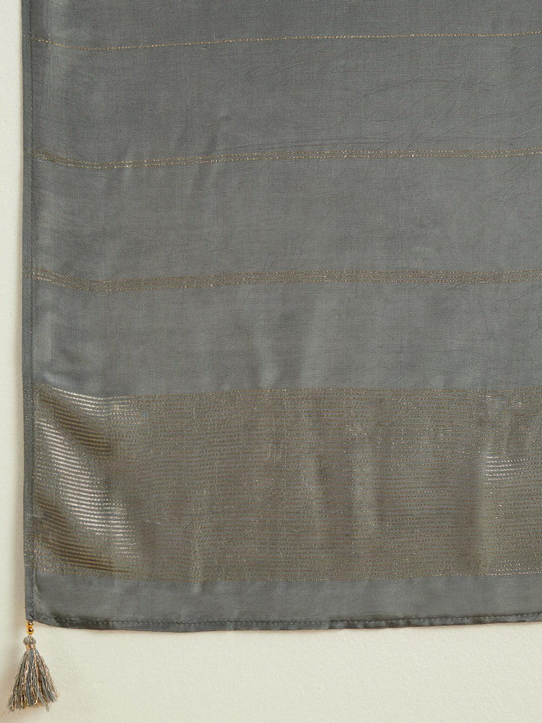 Grey Woven Design Silk Blend Straight Suit With Dupatta