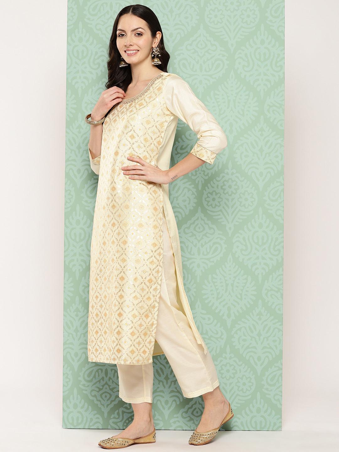 Cream Woven Design Silk Blend Straight Kurta With Trousers & Dupatta - ShopLibas