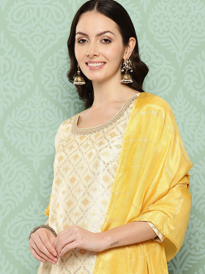 Cream Woven Design Silk Blend Straight Kurta With Trousers & Dupatta - ShopLibas