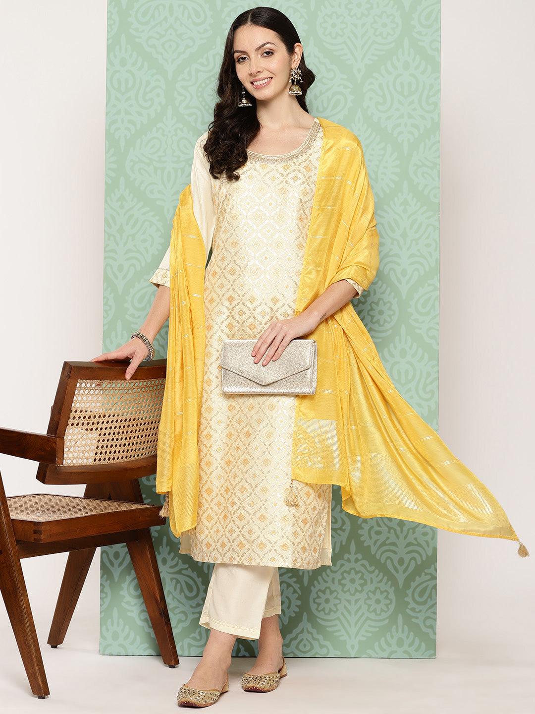 Cream Woven Design Silk Blend Straight Kurta With Trousers & Dupatta - ShopLibas