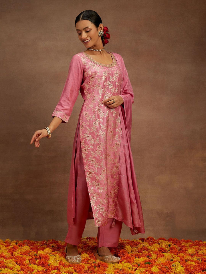 Pink Woven Design Silk Blend Straight Kurta With Trousers & Dupatta - ShopLibas