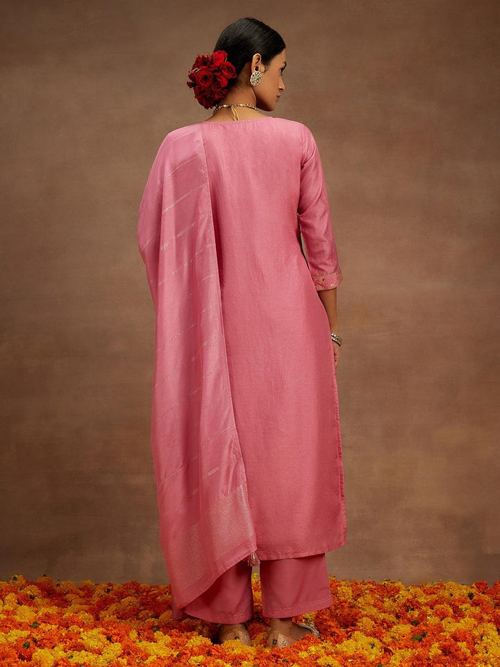 Pink Woven Design Silk Blend Straight Kurta With Trousers & Dupatta - ShopLibas