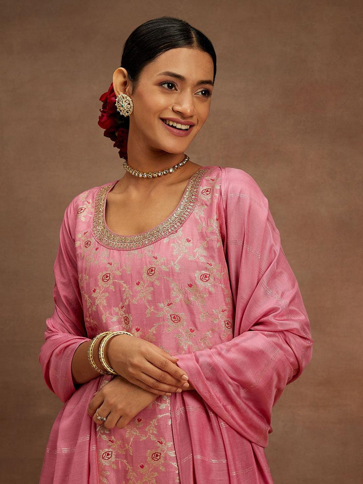 Pink Woven Design Silk Blend Straight Kurta With Trousers & Dupatta - ShopLibas