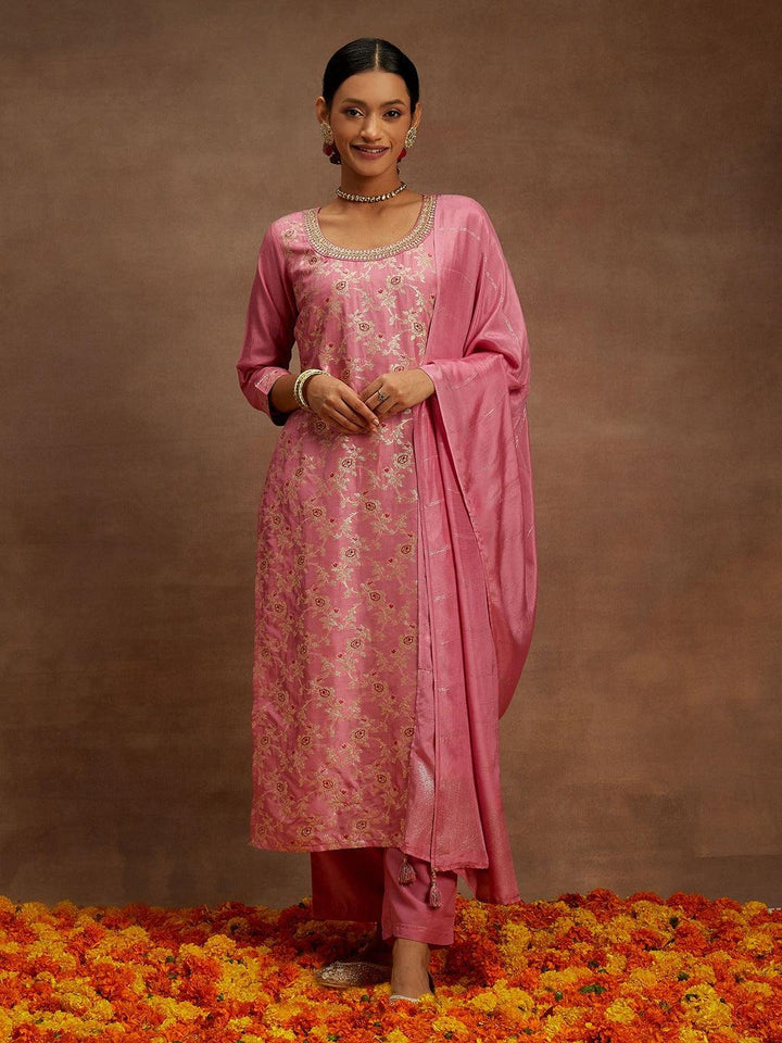 Pink Woven Design Silk Blend Straight Kurta With Trousers & Dupatta - ShopLibas