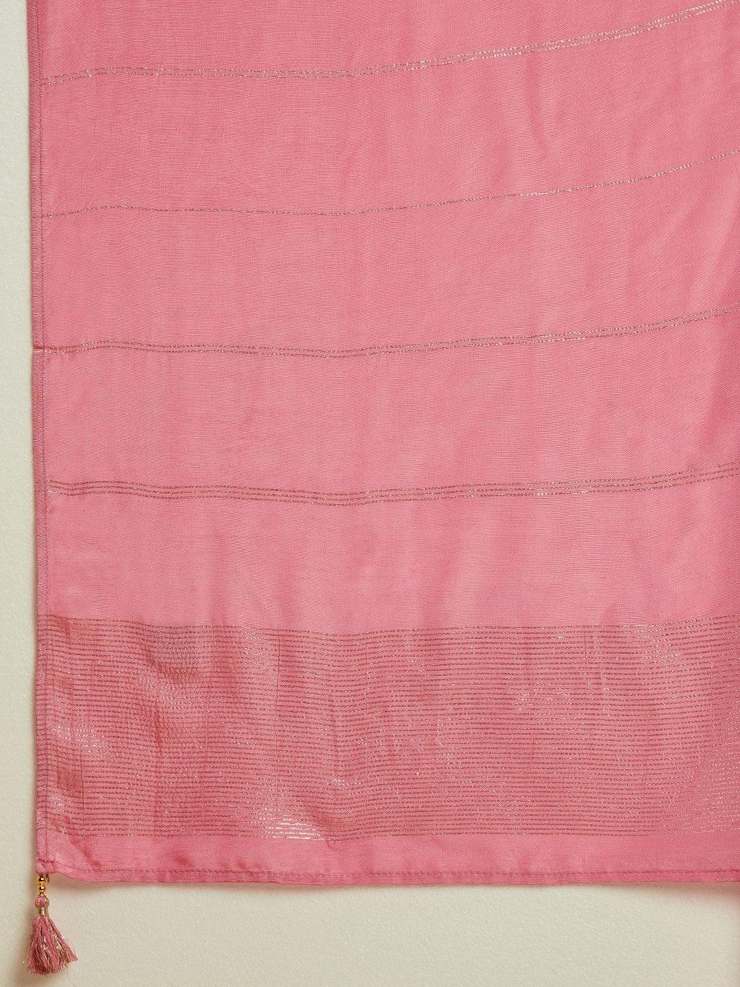 Pink Woven Design Silk Blend Straight Kurta With Trousers & Dupatta - ShopLibas