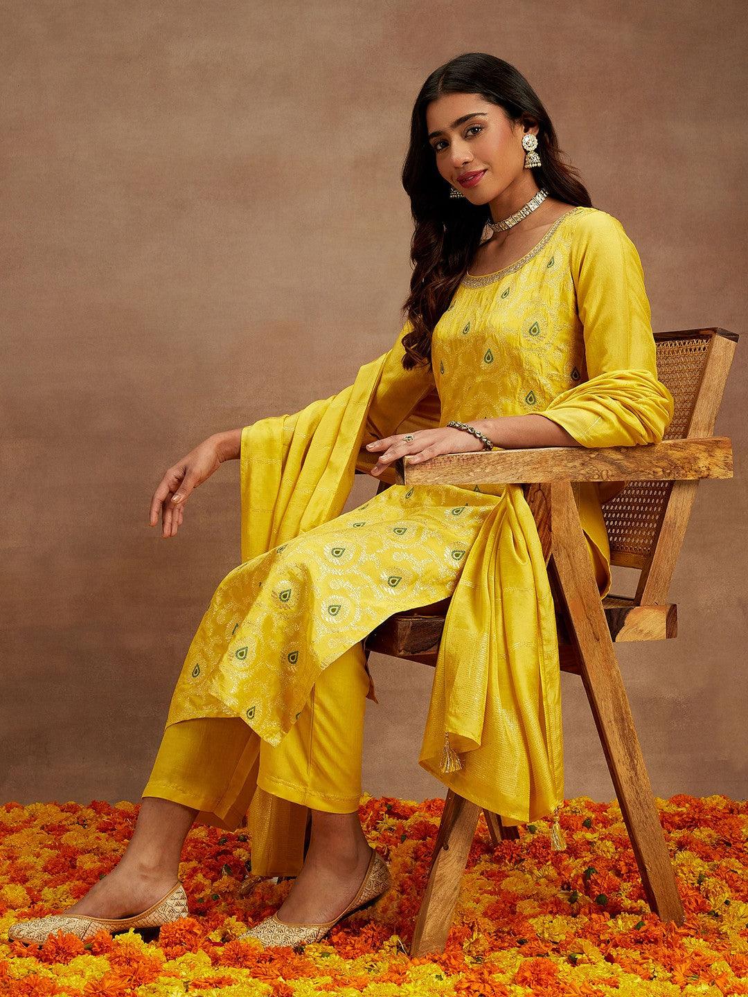 Yellow Woven Design Silk Blend Straight Kurta With Trousers & Dupatta - ShopLibas