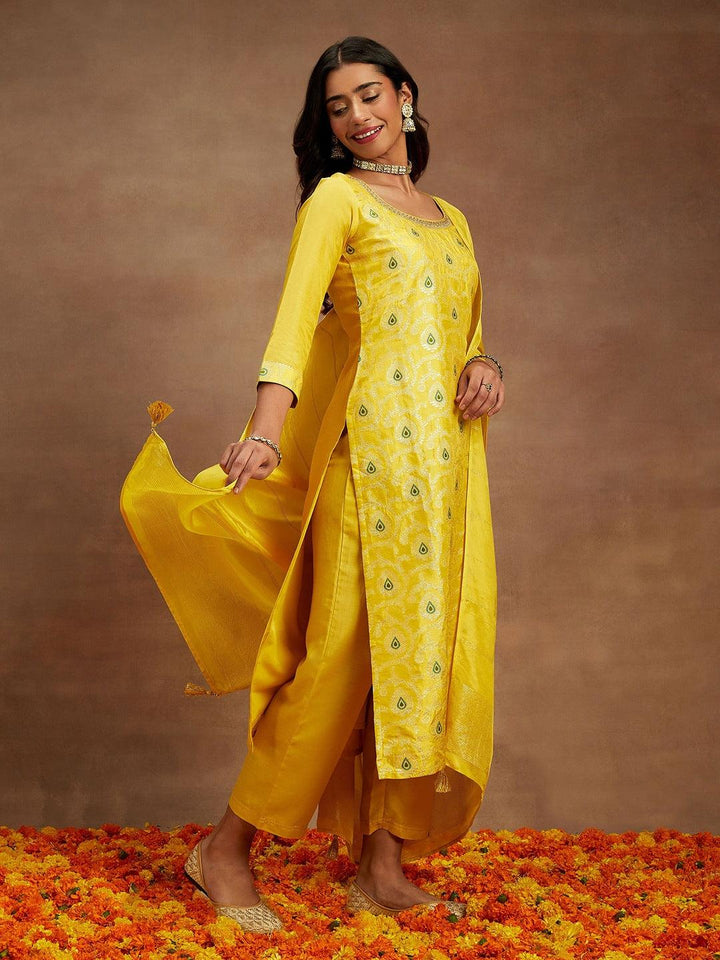 Yellow Woven Design Silk Blend Straight Kurta With Trousers & Dupatta - ShopLibas