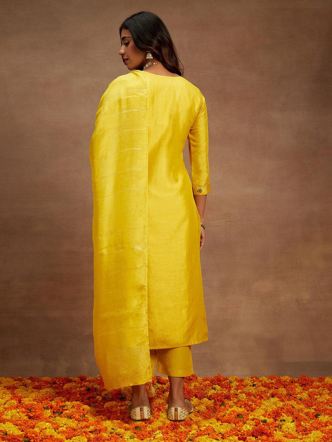 Yellow Woven Design Silk Blend Straight Kurta With Trousers & Dupatta - ShopLibas