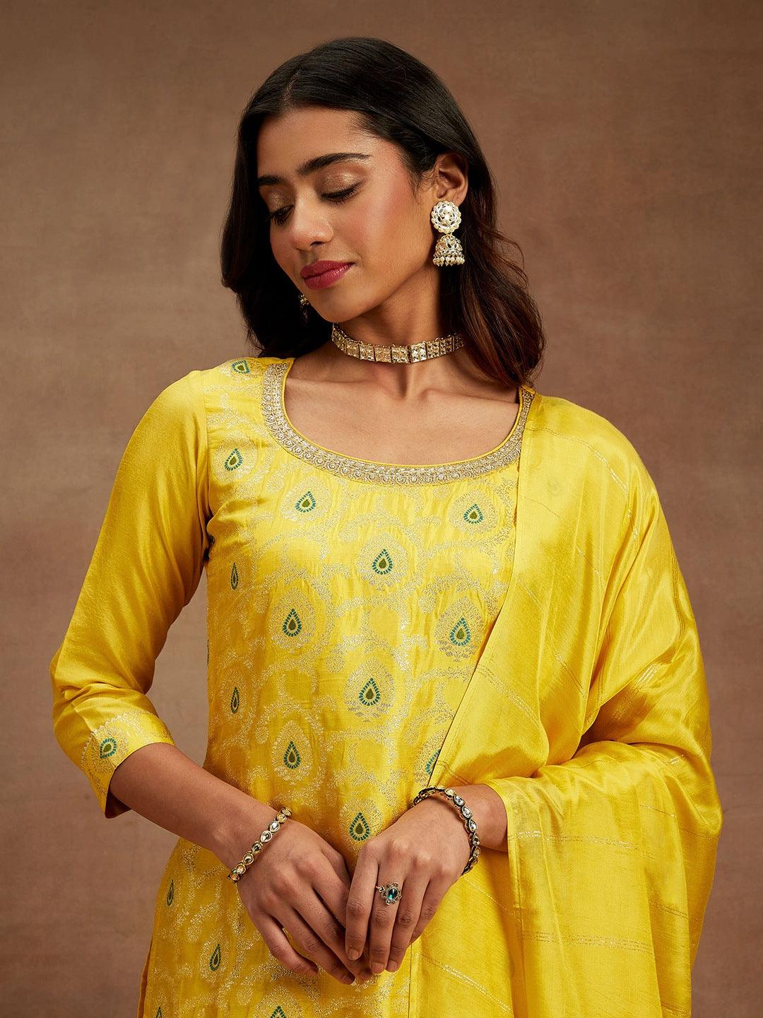 Yellow Woven Design Silk Blend Straight Kurta With Trousers & Dupatta - ShopLibas