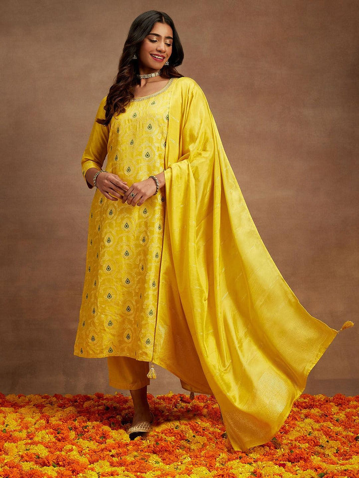 Yellow Woven Design Silk Blend Straight Kurta With Trousers & Dupatta - ShopLibas