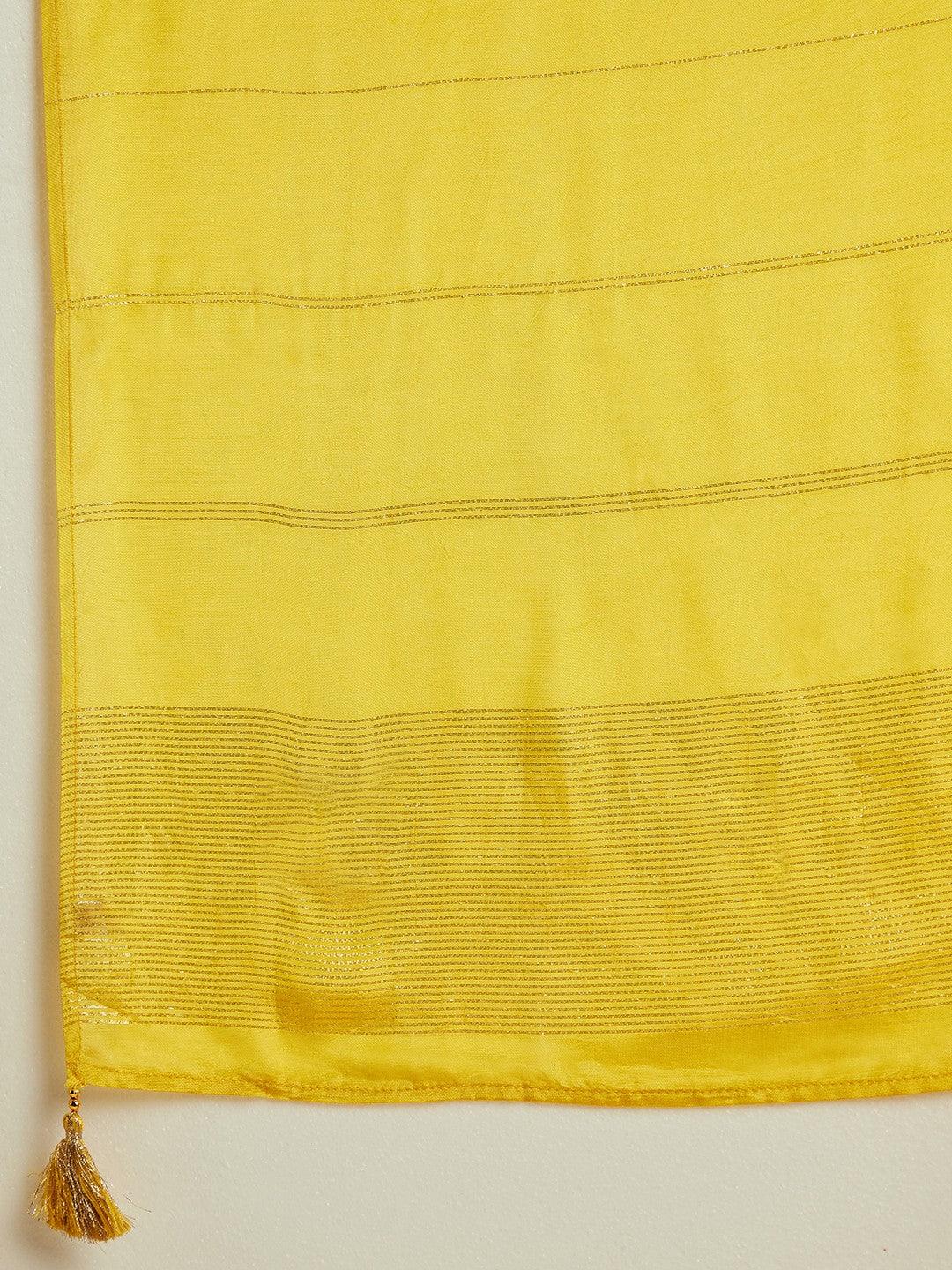 Yellow Woven Design Silk Blend Straight Kurta With Trousers & Dupatta - ShopLibas