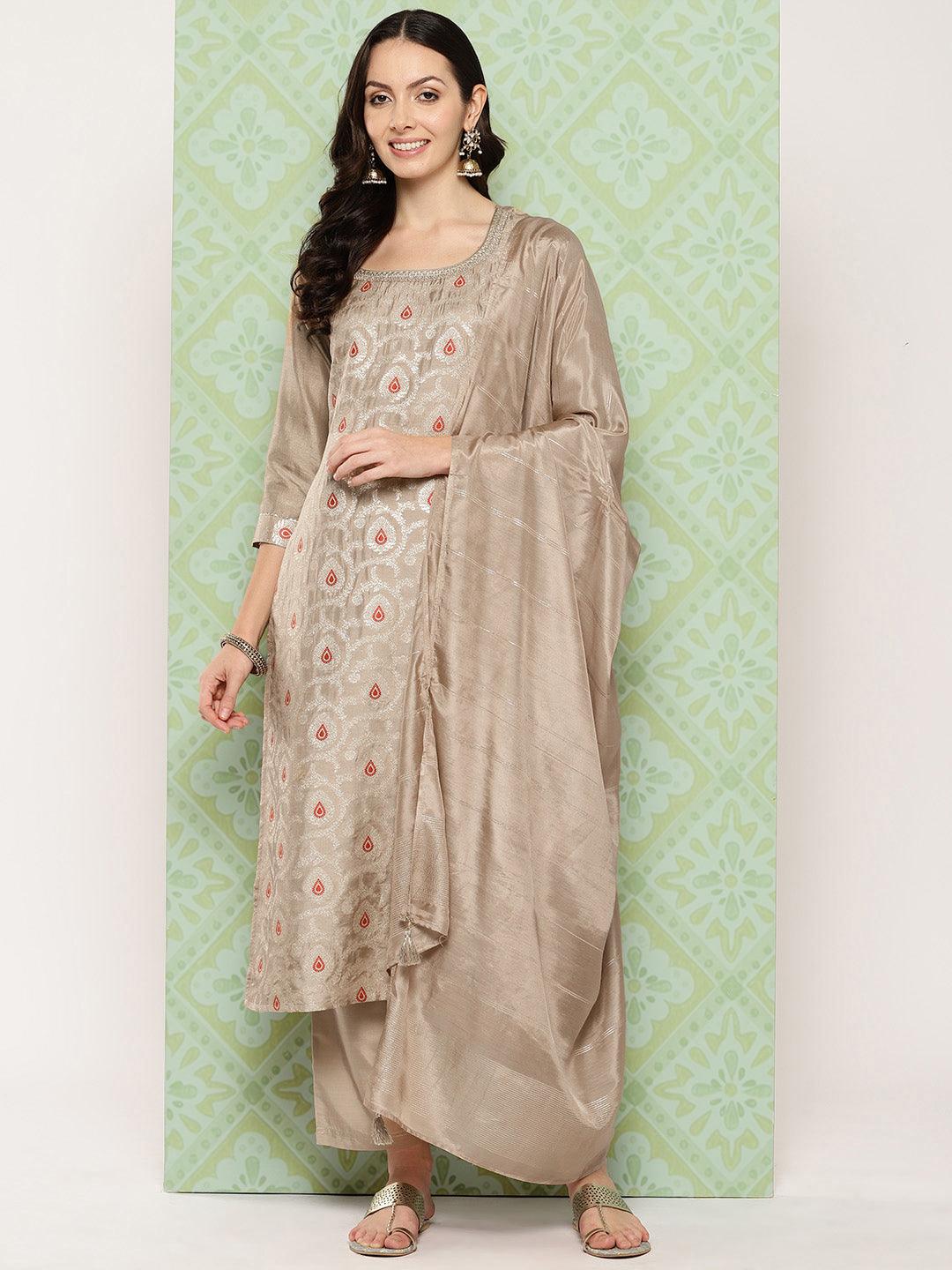 Taupe Woven Design Silk Blend Straight Kurta With Trousers & Dupatta - ShopLibas