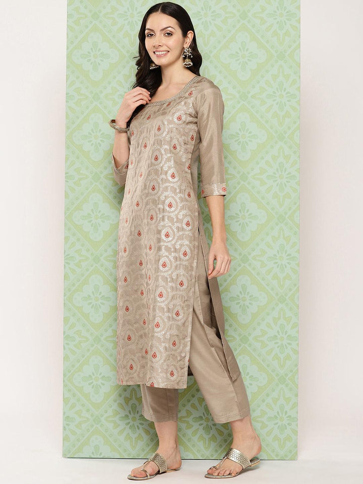 Taupe Woven Design Silk Blend Straight Kurta With Trousers & Dupatta - ShopLibas