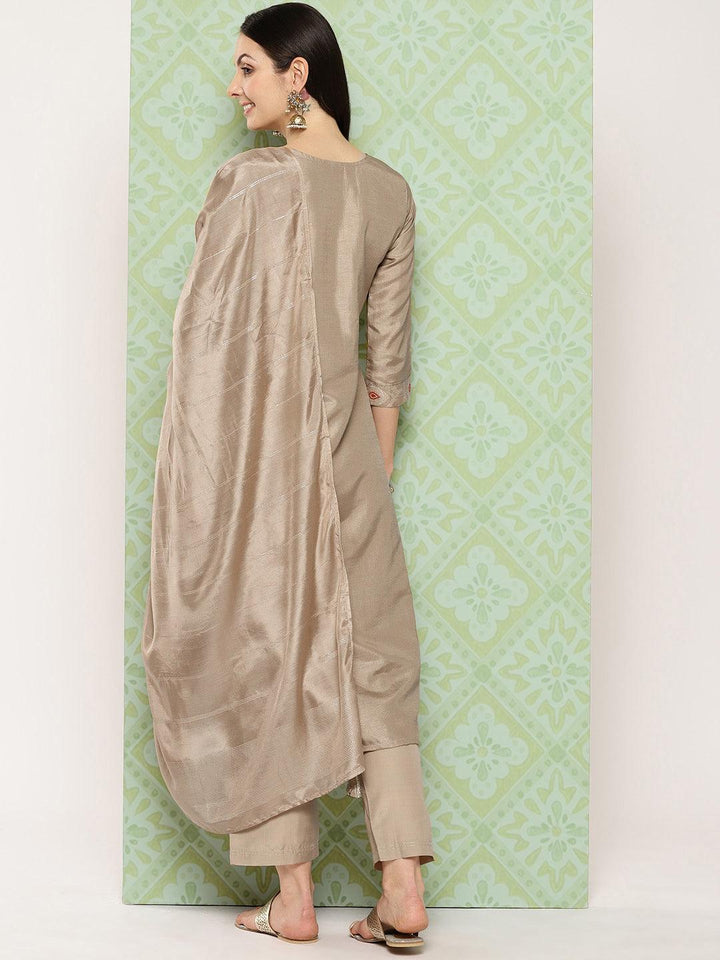 Taupe Woven Design Silk Blend Straight Kurta With Trousers & Dupatta - ShopLibas