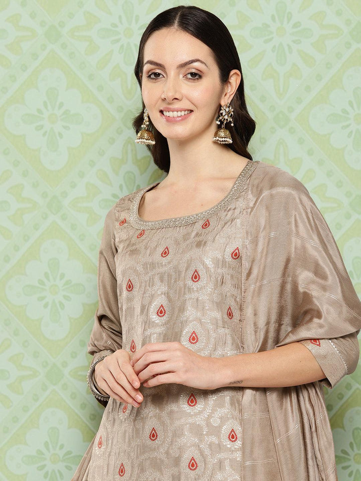 Taupe Woven Design Silk Blend Straight Kurta With Trousers & Dupatta - ShopLibas