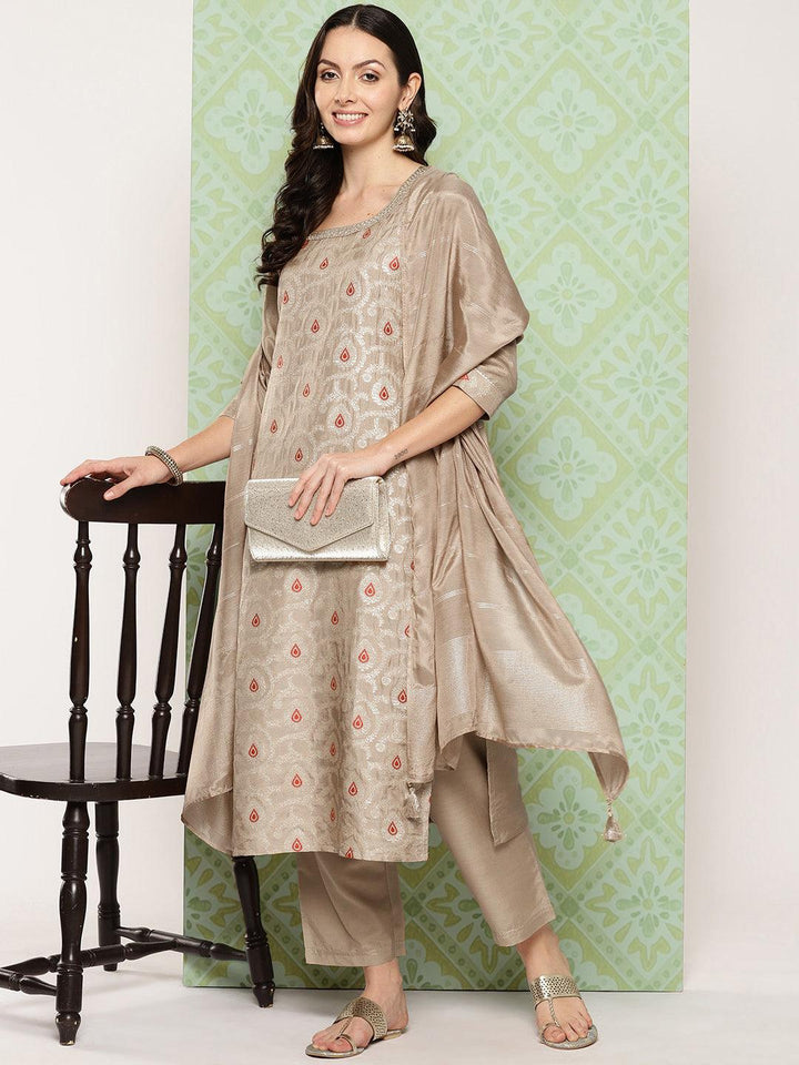 Taupe Woven Design Silk Blend Straight Kurta With Trousers & Dupatta - ShopLibas