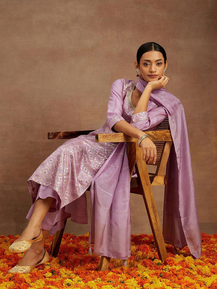 Lavender Woven Design Silk Blend Straight Kurta With Trousers & Dupatta - ShopLibas