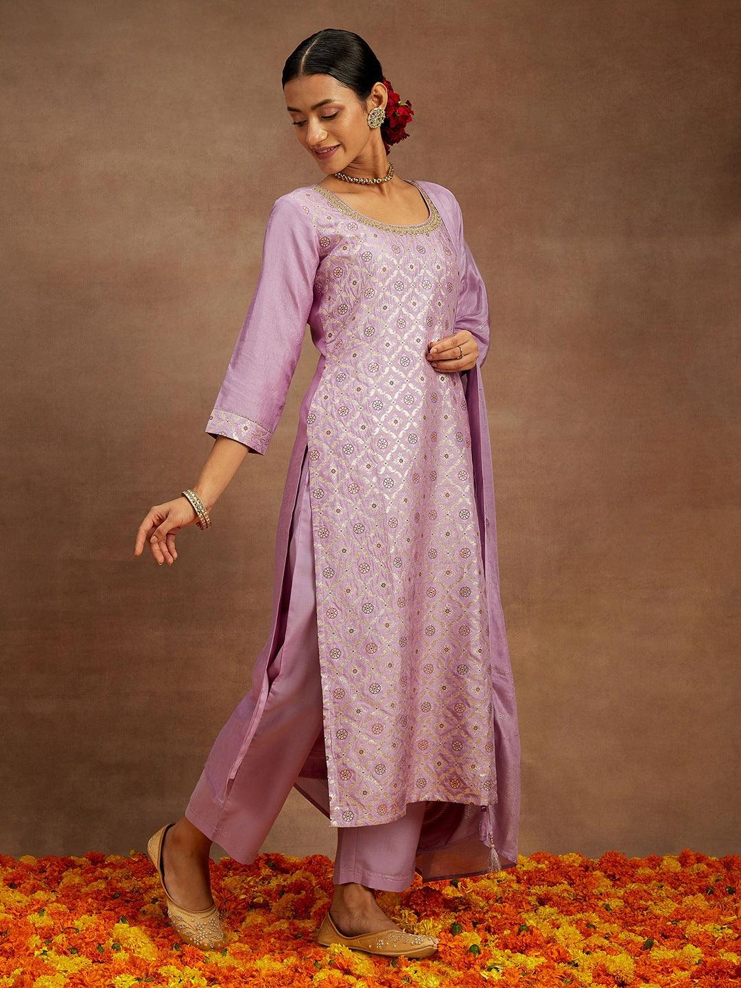 Lavender Woven Design Silk Blend Straight Kurta With Trousers & Dupatta - ShopLibas