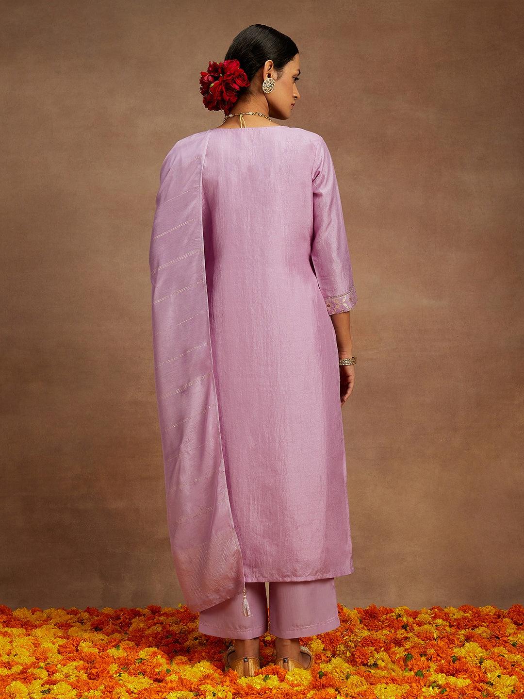 Lavender Woven Design Silk Blend Straight Kurta With Trousers & Dupatta - ShopLibas