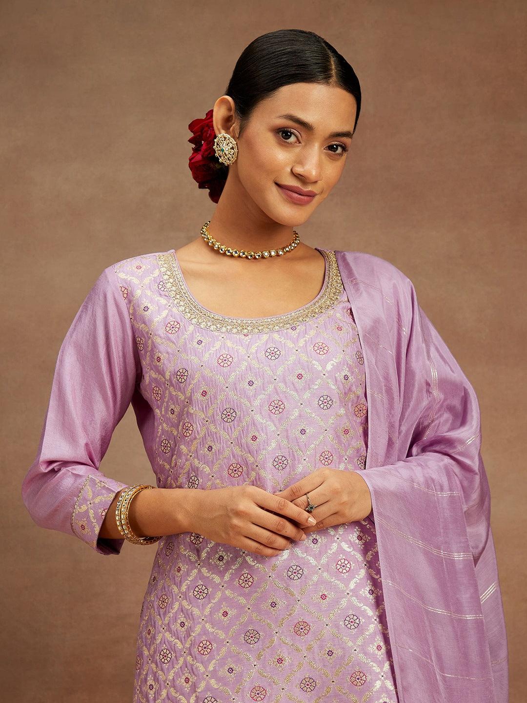 Lavender Woven Design Silk Blend Straight Kurta With Trousers & Dupatta - ShopLibas