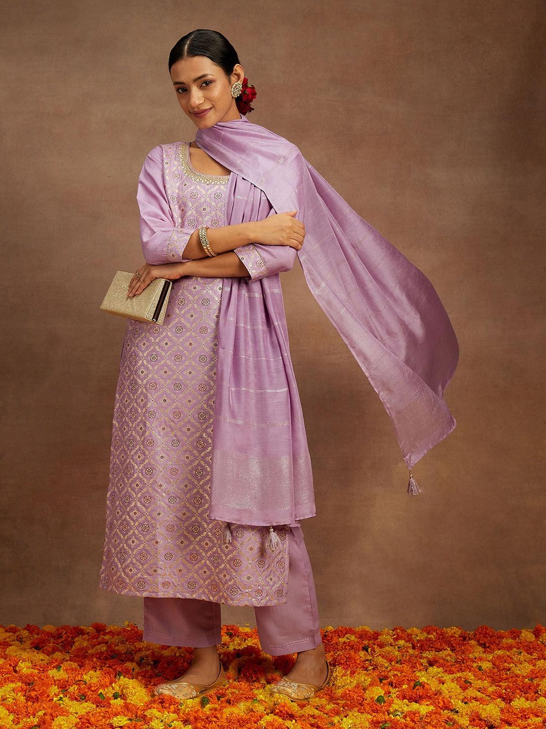 Lavender Woven Design Silk Blend Straight Kurta With Trousers & Dupatta - ShopLibas