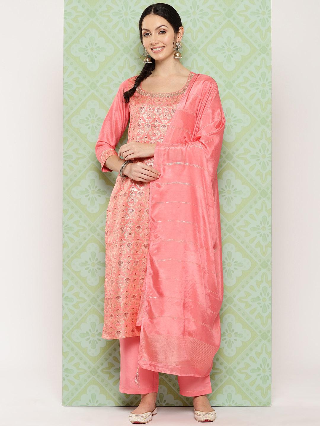 Peach Woven Design Silk Blend Straight Kurta With Trousers & Dupatta - ShopLibas