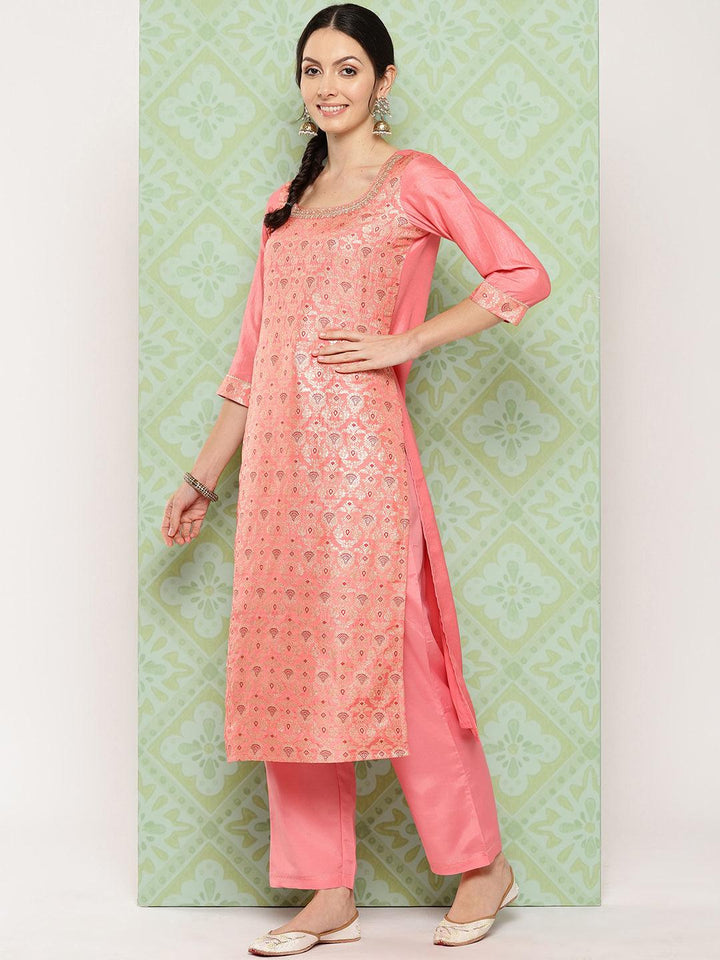 Peach Woven Design Silk Blend Straight Kurta With Trousers & Dupatta - ShopLibas