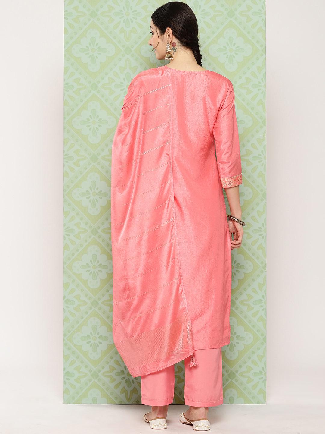 Peach Woven Design Silk Blend Straight Kurta With Trousers & Dupatta - ShopLibas