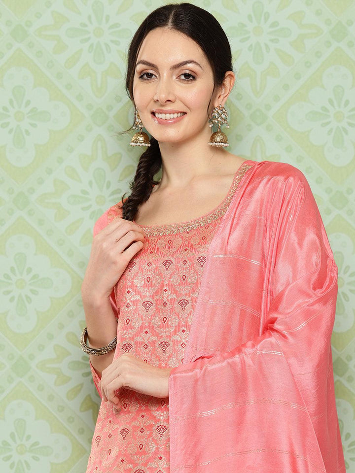 Peach Woven Design Silk Blend Straight Kurta With Trousers & Dupatta - ShopLibas