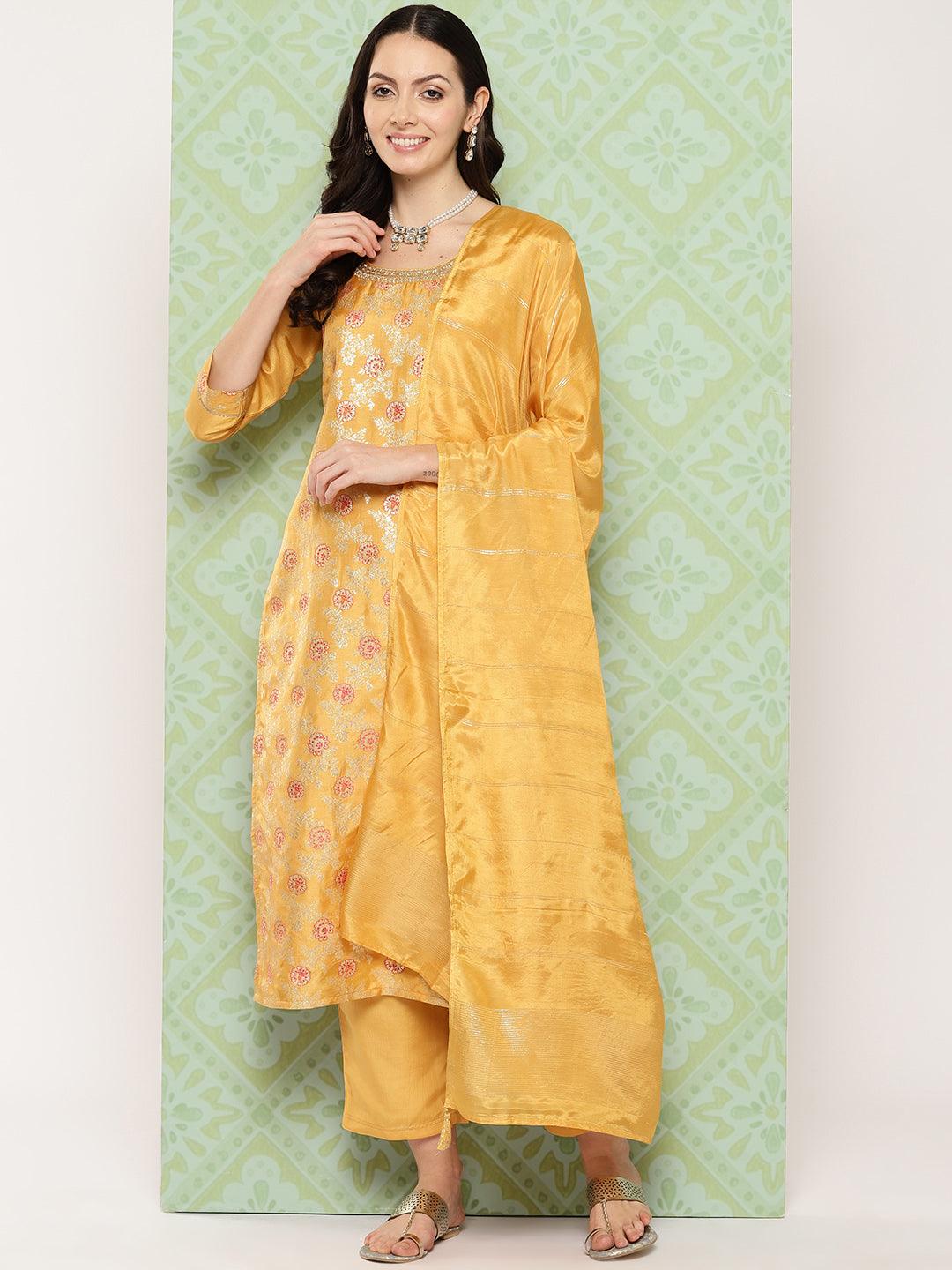 Mustard Woven Design Silk Blend Straight Kurta With Trousers & Dupatta - ShopLibas