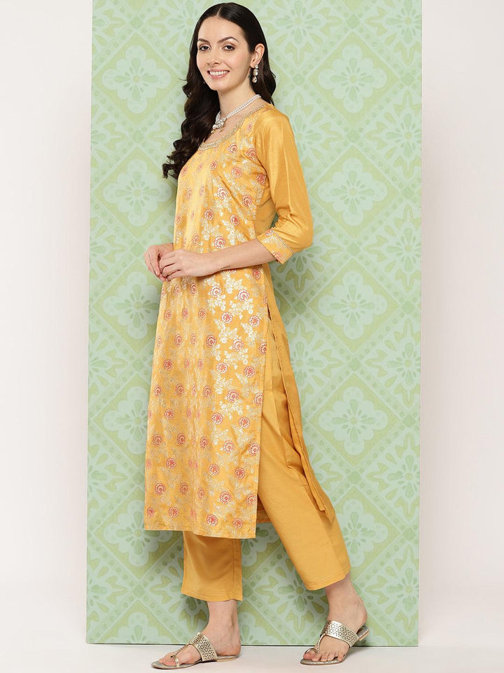 Mustard Woven Design Silk Blend Straight Kurta With Trousers & Dupatta - ShopLibas