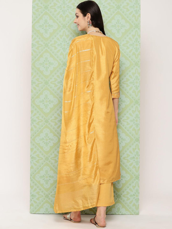 Mustard Woven Design Silk Blend Straight Kurta With Trousers & Dupatta - ShopLibas