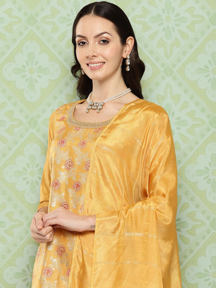 Mustard Woven Design Silk Blend Straight Kurta With Trousers & Dupatta - ShopLibas