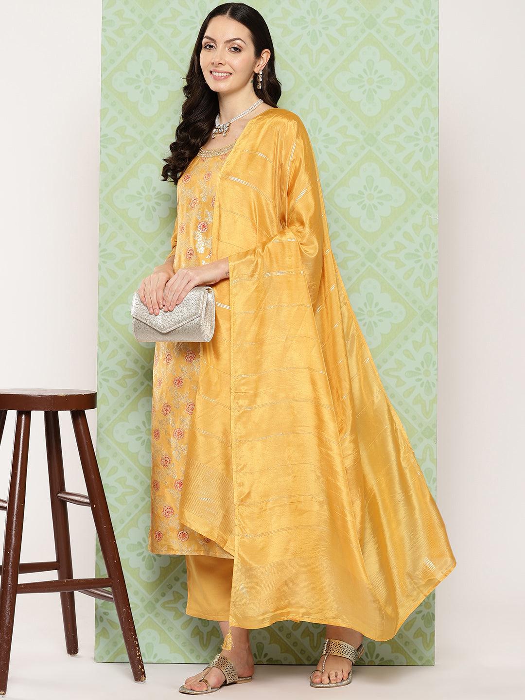 Mustard Woven Design Silk Blend Straight Kurta With Trousers & Dupatta - ShopLibas