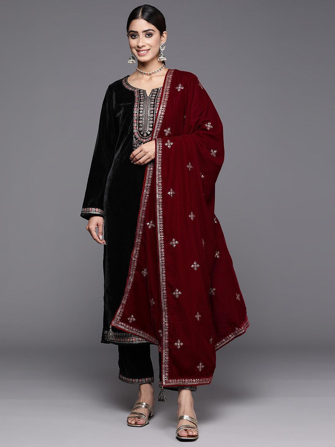 Black Yoke Design Velvet Straight Kurta With Trousers & Dupatta - ShopLibas