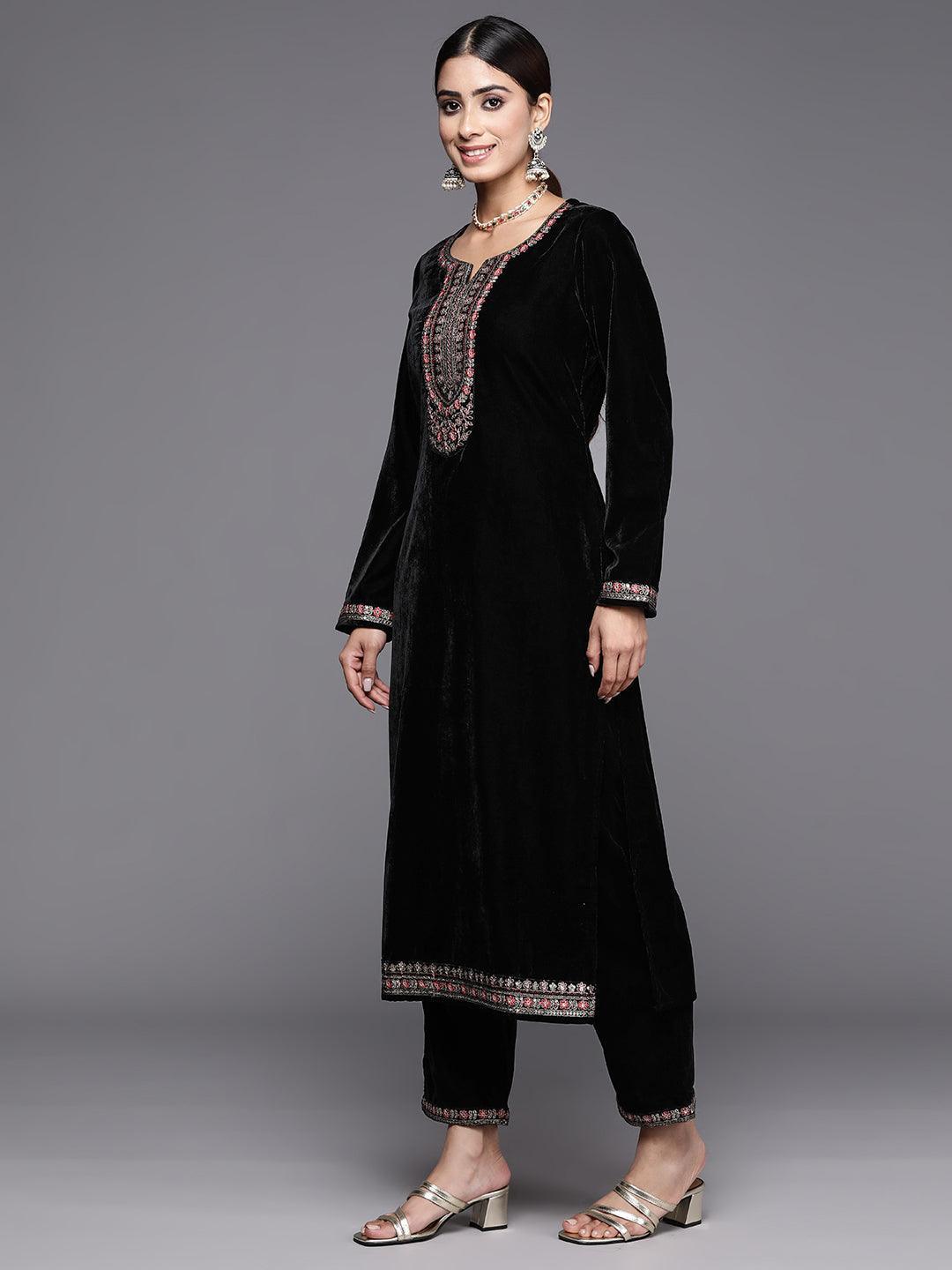 Black Yoke Design Velvet Straight Kurta With Trousers & Dupatta - ShopLibas