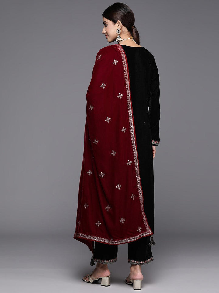 Black Yoke Design Velvet Straight Kurta With Trousers & Dupatta - ShopLibas