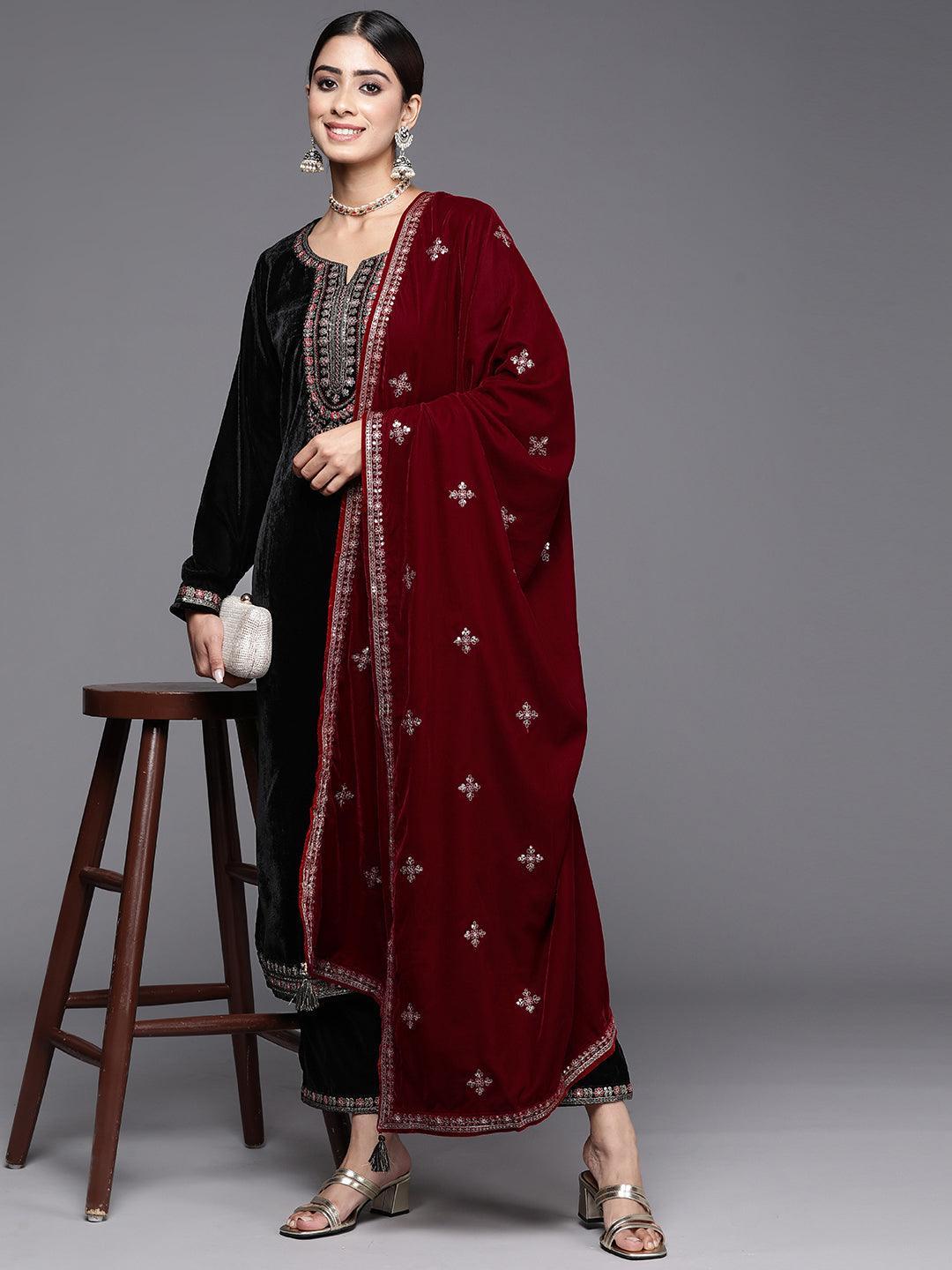 Black Yoke Design Velvet Straight Kurta With Trousers & Dupatta - ShopLibas