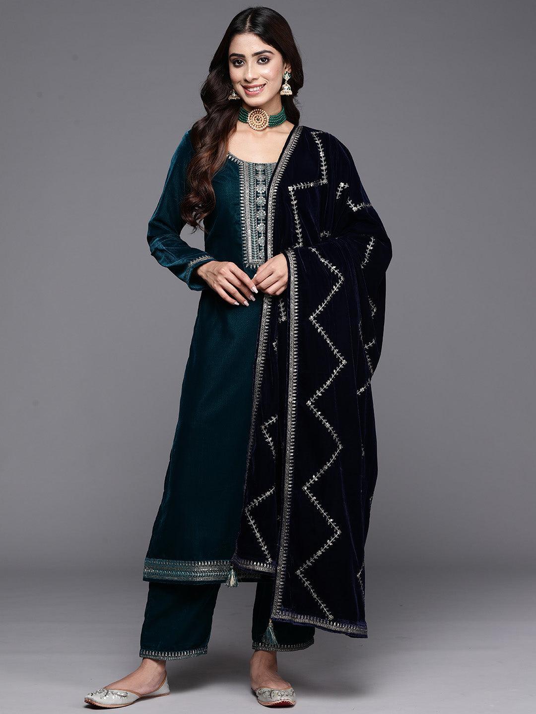 Teal Green Yoke Design Velvet Straight Kurta With Trousers & Dupatta - ShopLibas