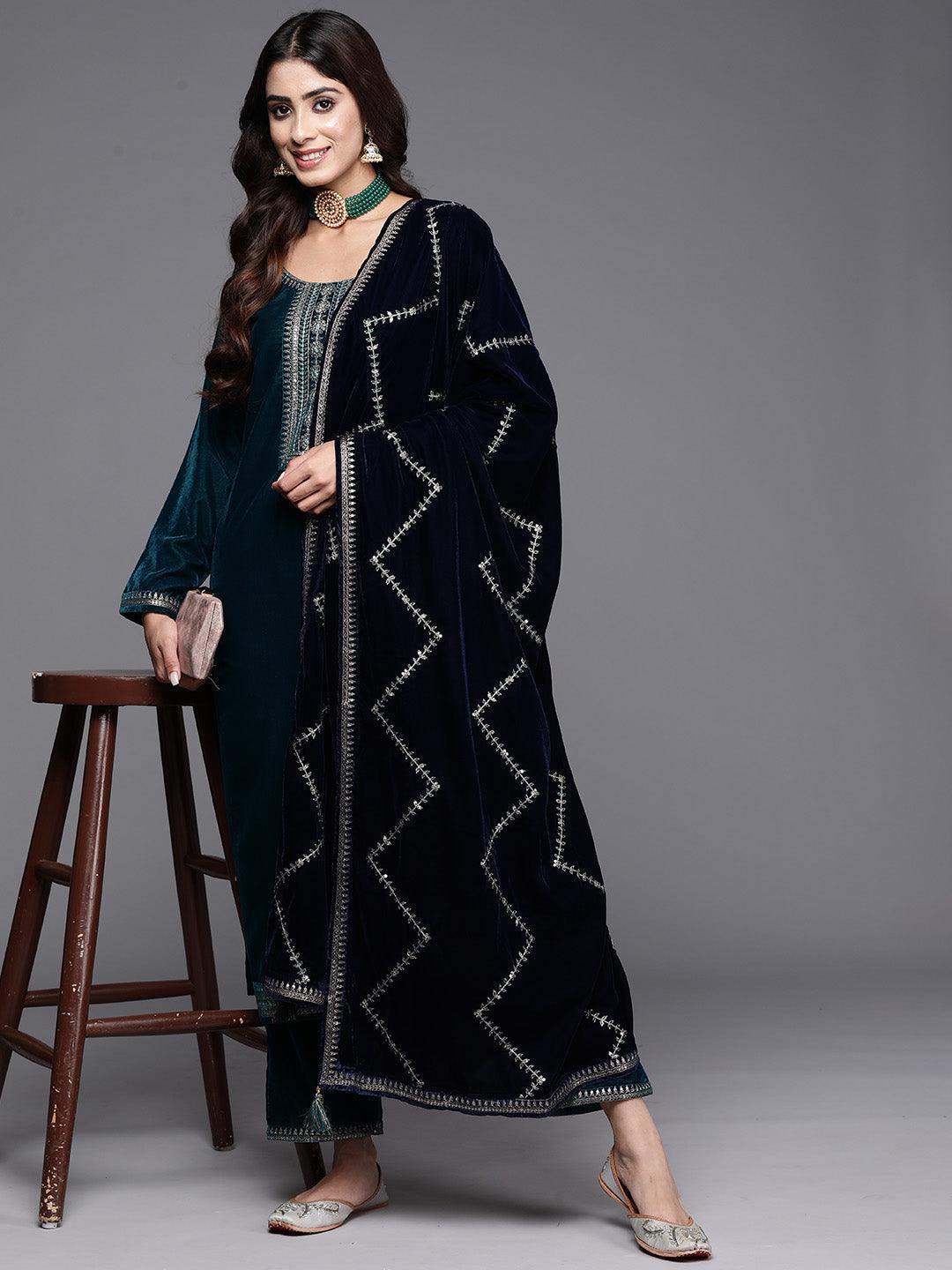 Teal Green Yoke Design Velvet Straight Kurta With Trousers & Dupatta - ShopLibas