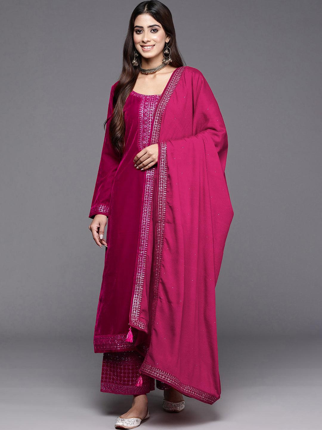 Hot Pink Yoke Design Velvet Straight Kurta With Palazzos & Dupatta - ShopLibas